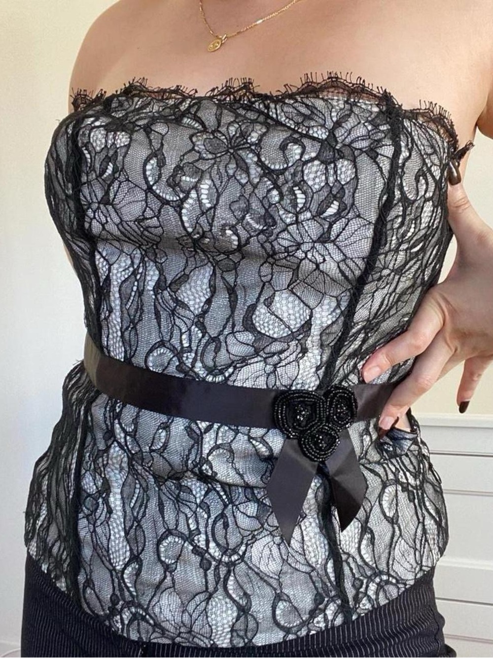 Strapless Black Lace Overlay Bustier Top